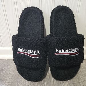 Balenciaga Black Sherpa Logo Slide Sandals